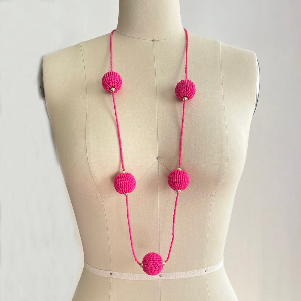 Hot Pink Seed Beaded Spherical Ball Long Necklace